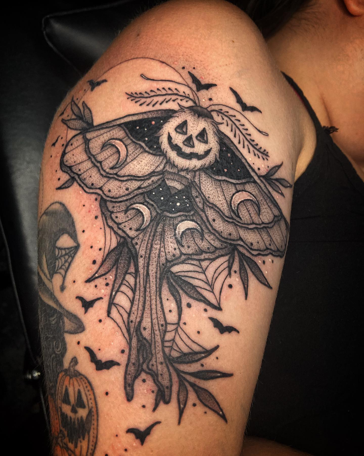 Pumpkin moth dotwork tattoo on the shoulder by โจ๐๐๐ฑ๐ฑ๐ฌ๐ฌ๐ฐ ๐๐ถ ๐๐ฏ๐ฆ๐ซโจ