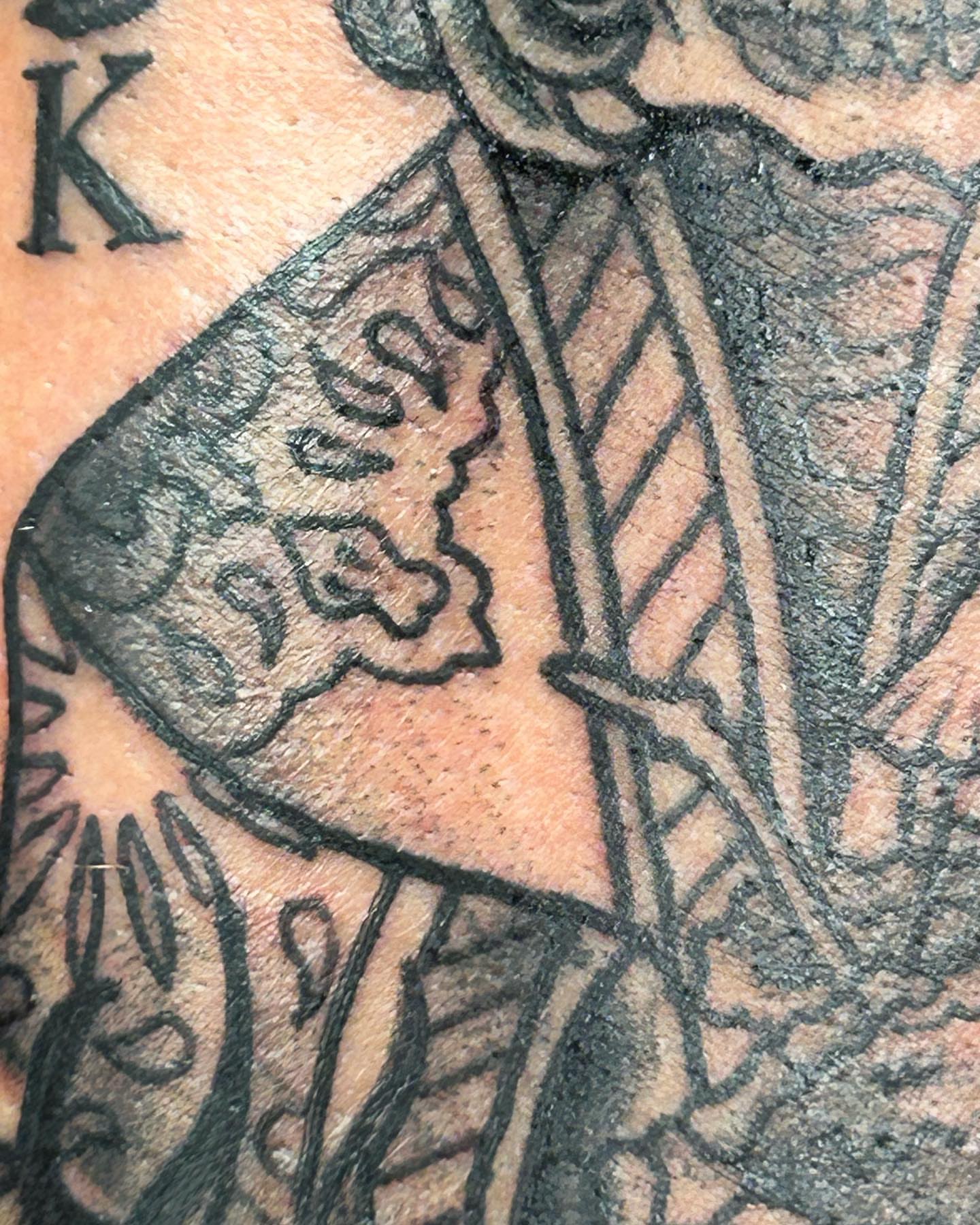Woman with floral crown American traditional tattoo on the forearm by Ares Rhodes