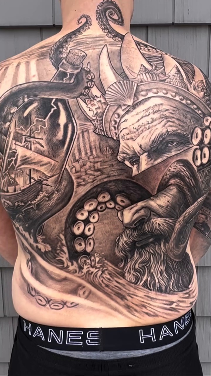 Kraken attacking a ship realism tattoo by Iconic Ink, Millbury, Massachusetts