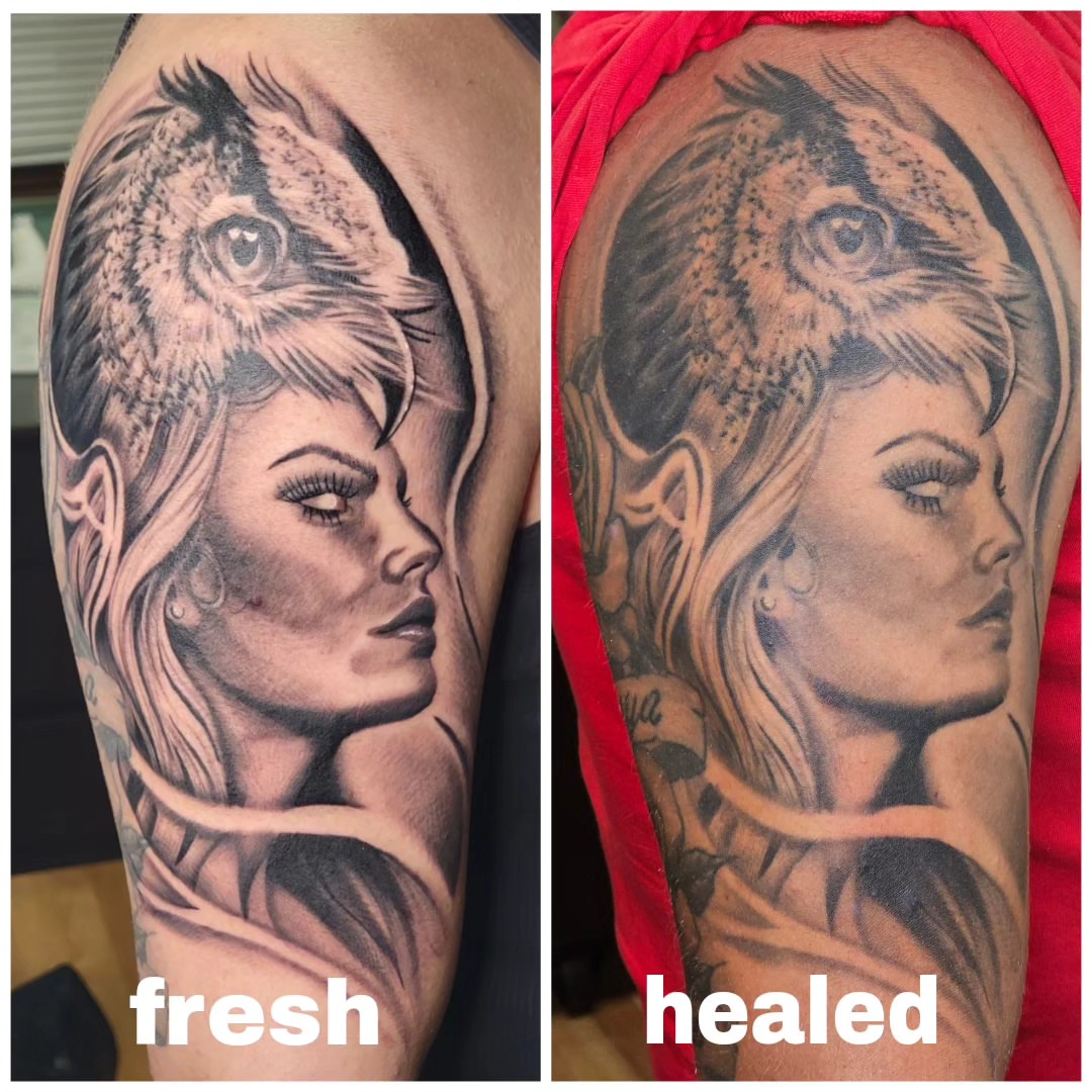 Woman with owl realism tattoo on the upper arm by BZ Artistry