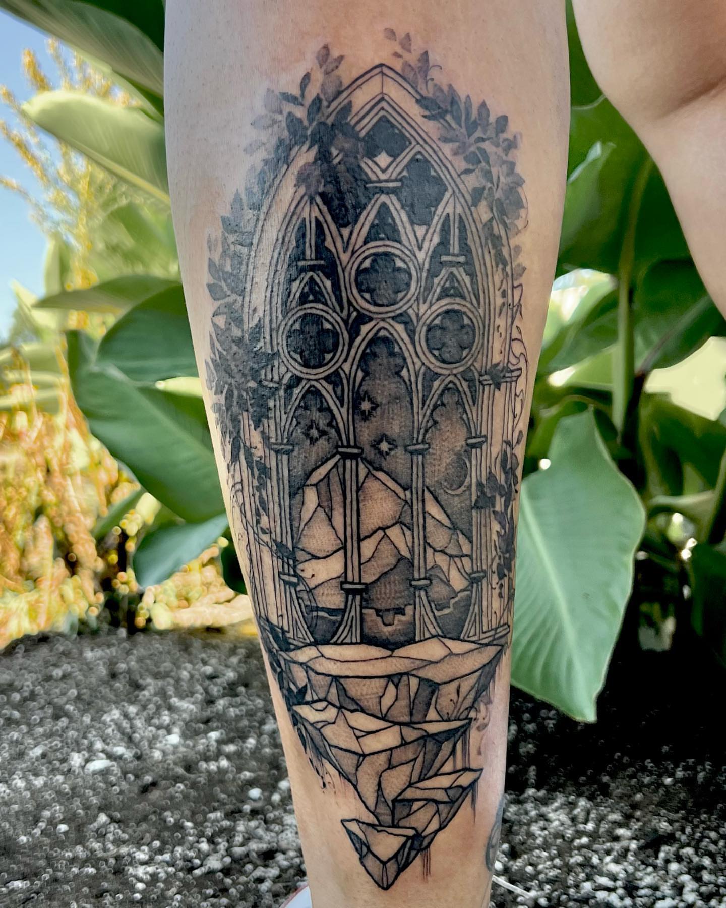 Gothic window geometric tattoo on the forearm by Tattoos by Alli Wilcox