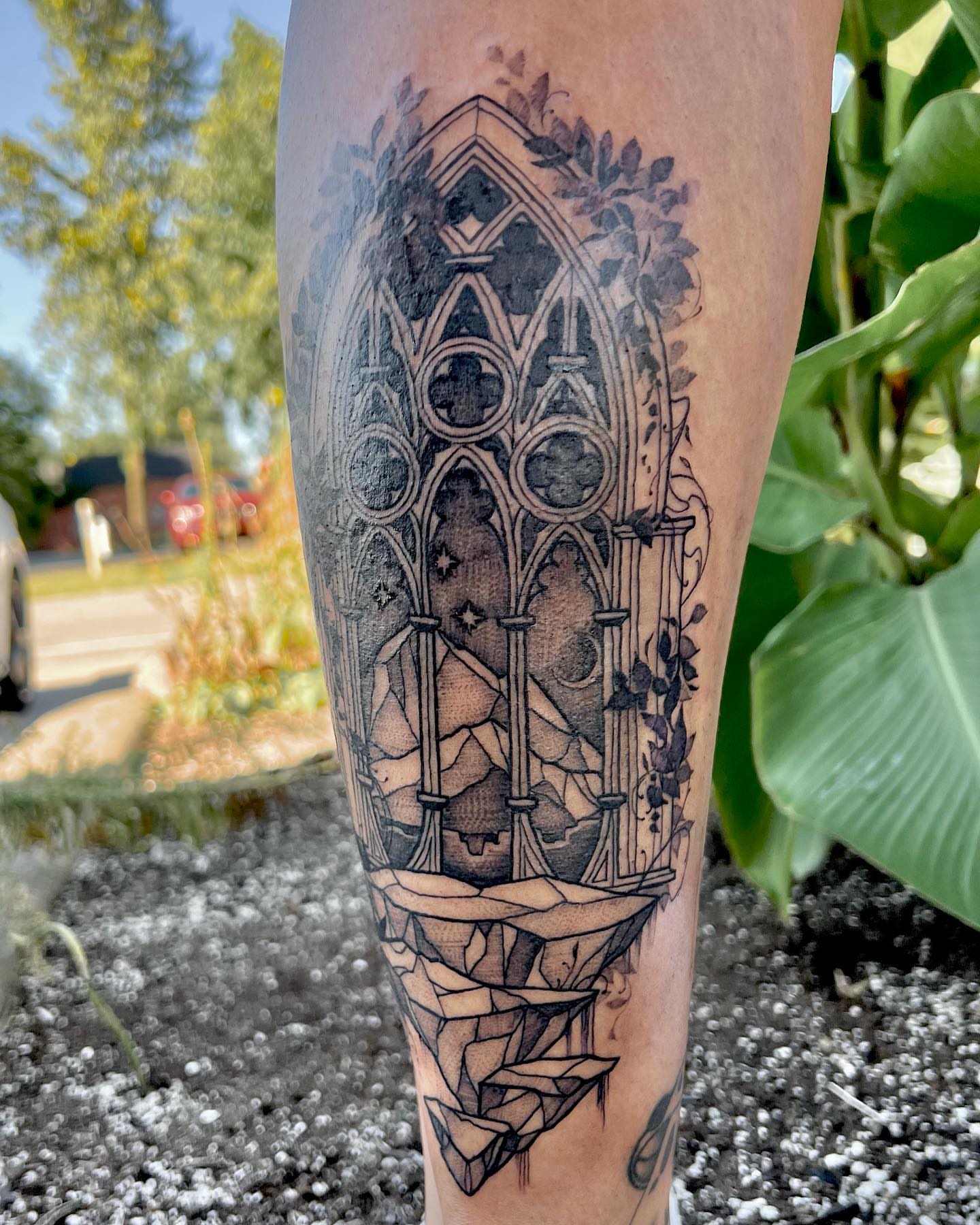 Gothic window geometric tattoo on the forearm by Tattoos by Alli Wilcox