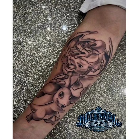 Squirtle evolution black and grey tattoo on the forearm by 🇲🇽Angelique Ortiz🇺🇲, Sugar Hill, Georgia