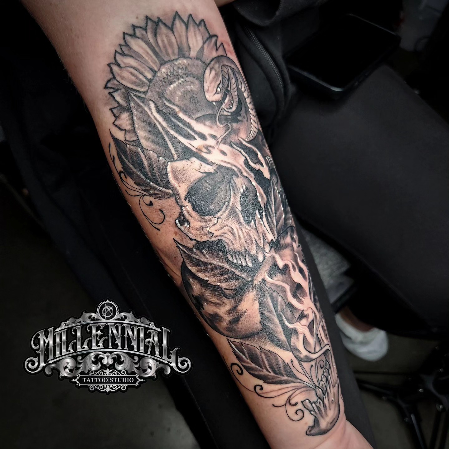 Sunflower and skull realism tattoo on the forearm by 🇲🇽Angelique Ortiz🇺🇲, Sugar Hill, Georgia