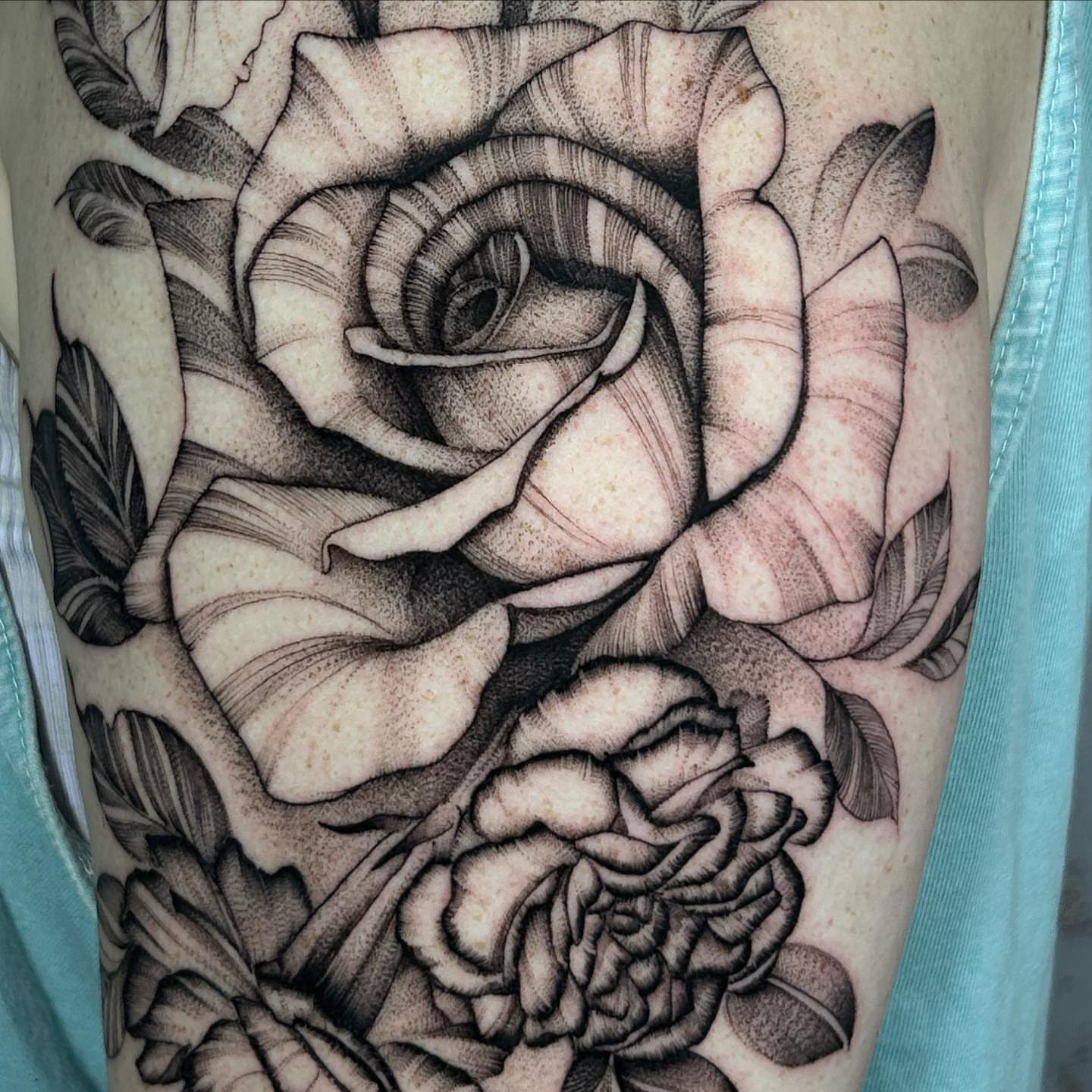 Roses dotwork tattoo on the forearm by Cindy Xu