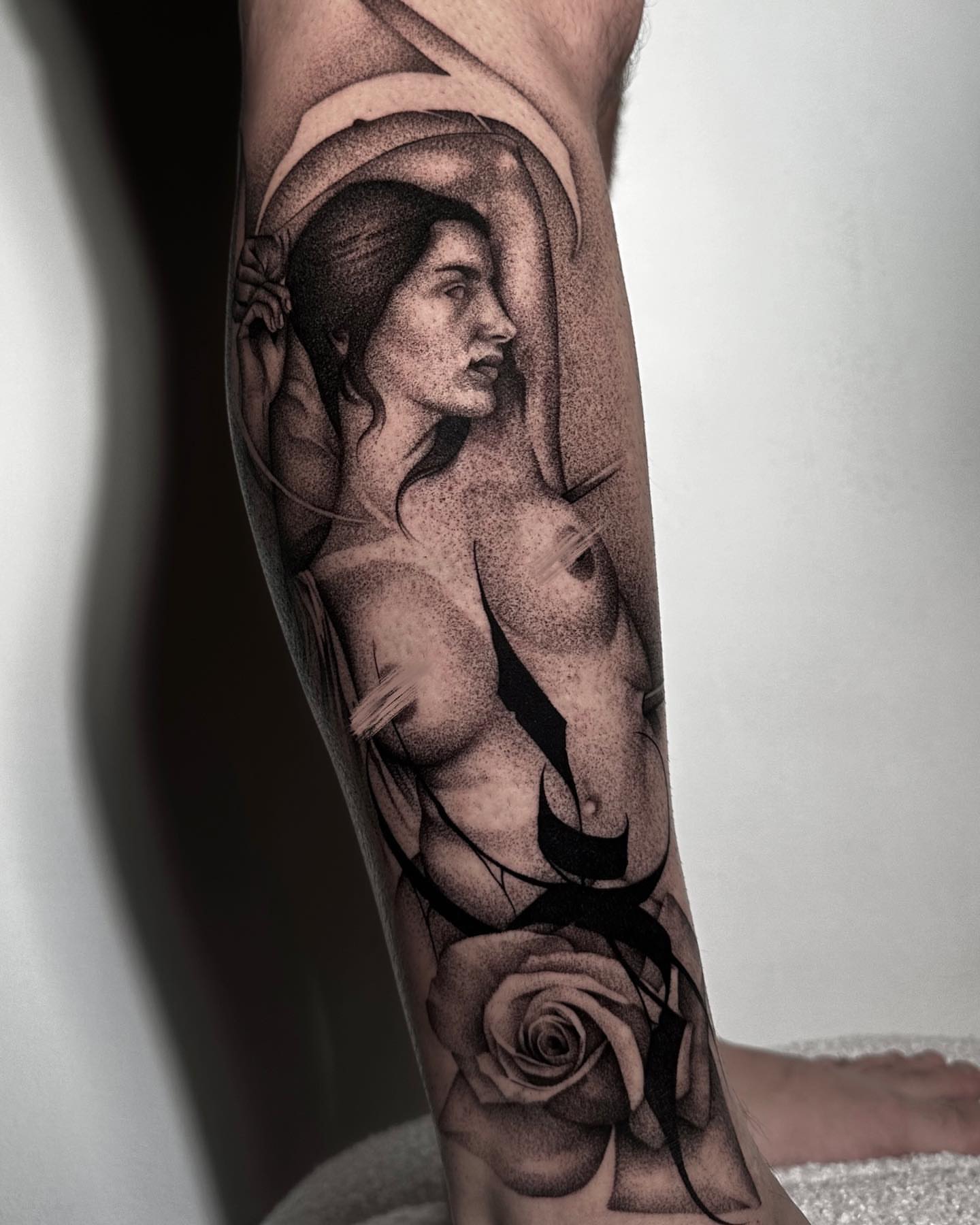 Tattoo by @dragonink.tattoos — dotwork, realism