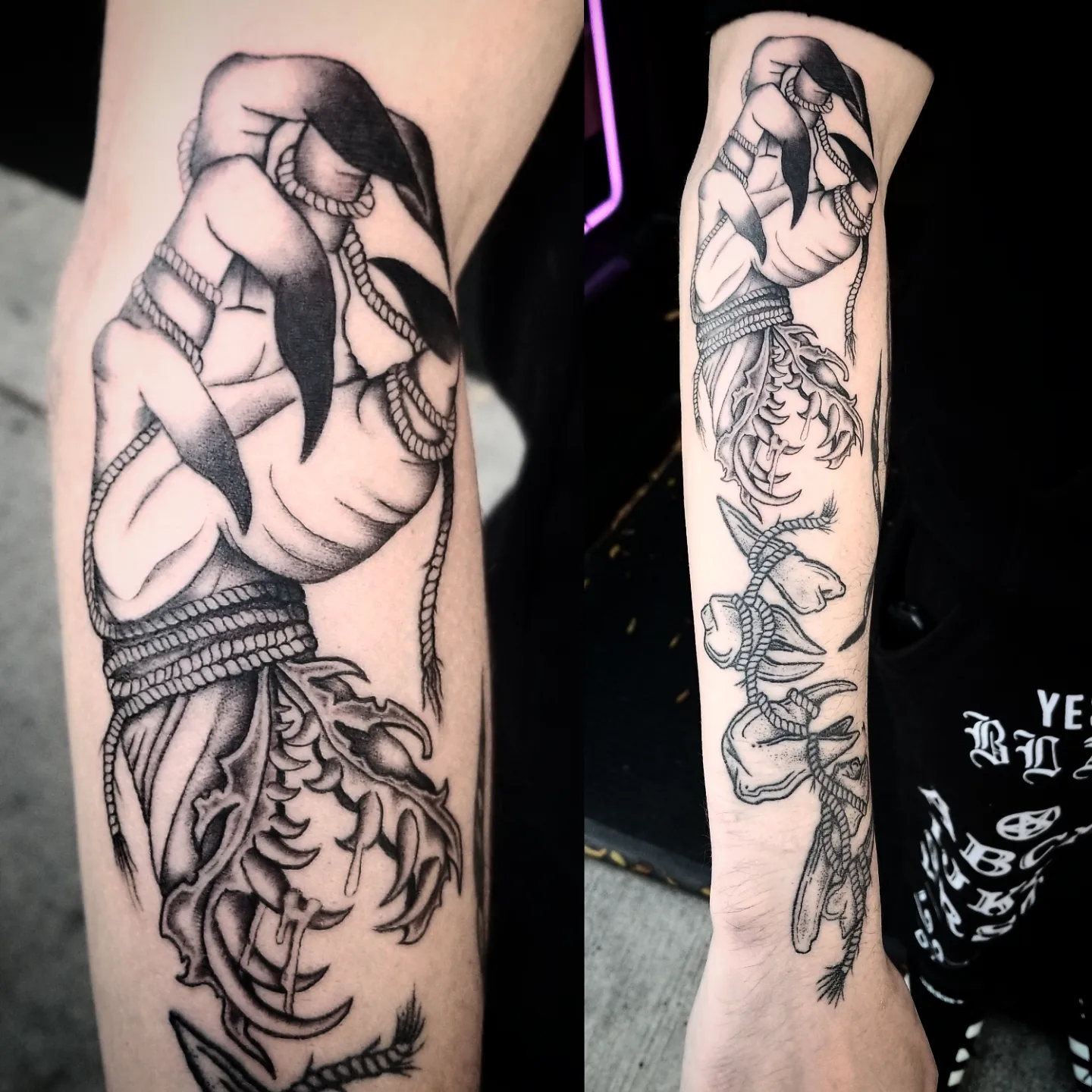 Man with rope realism tattoo on the forearm by Krista Mc