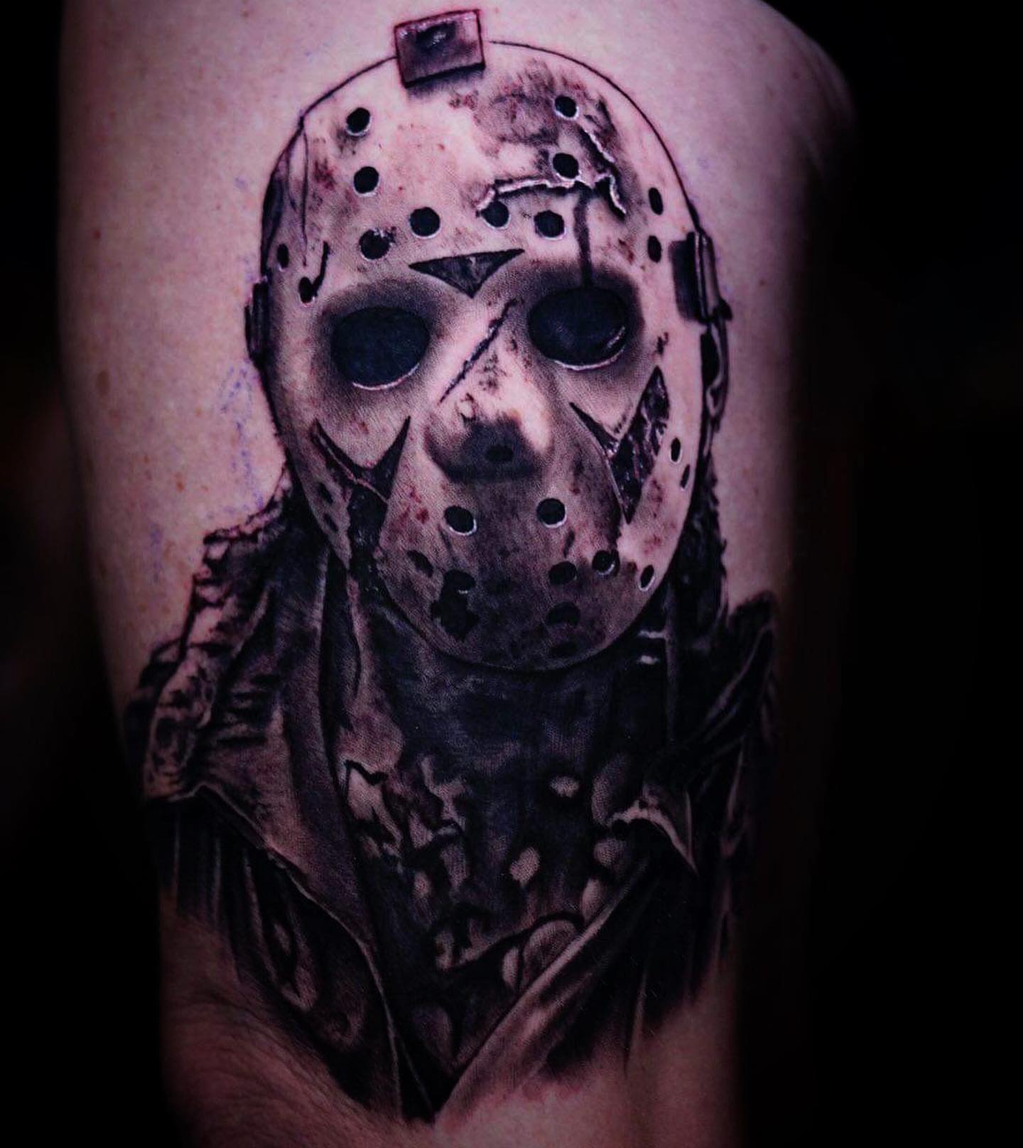 Jason voorhees mask realism tattoo on the forearm by B.G. Germershausen