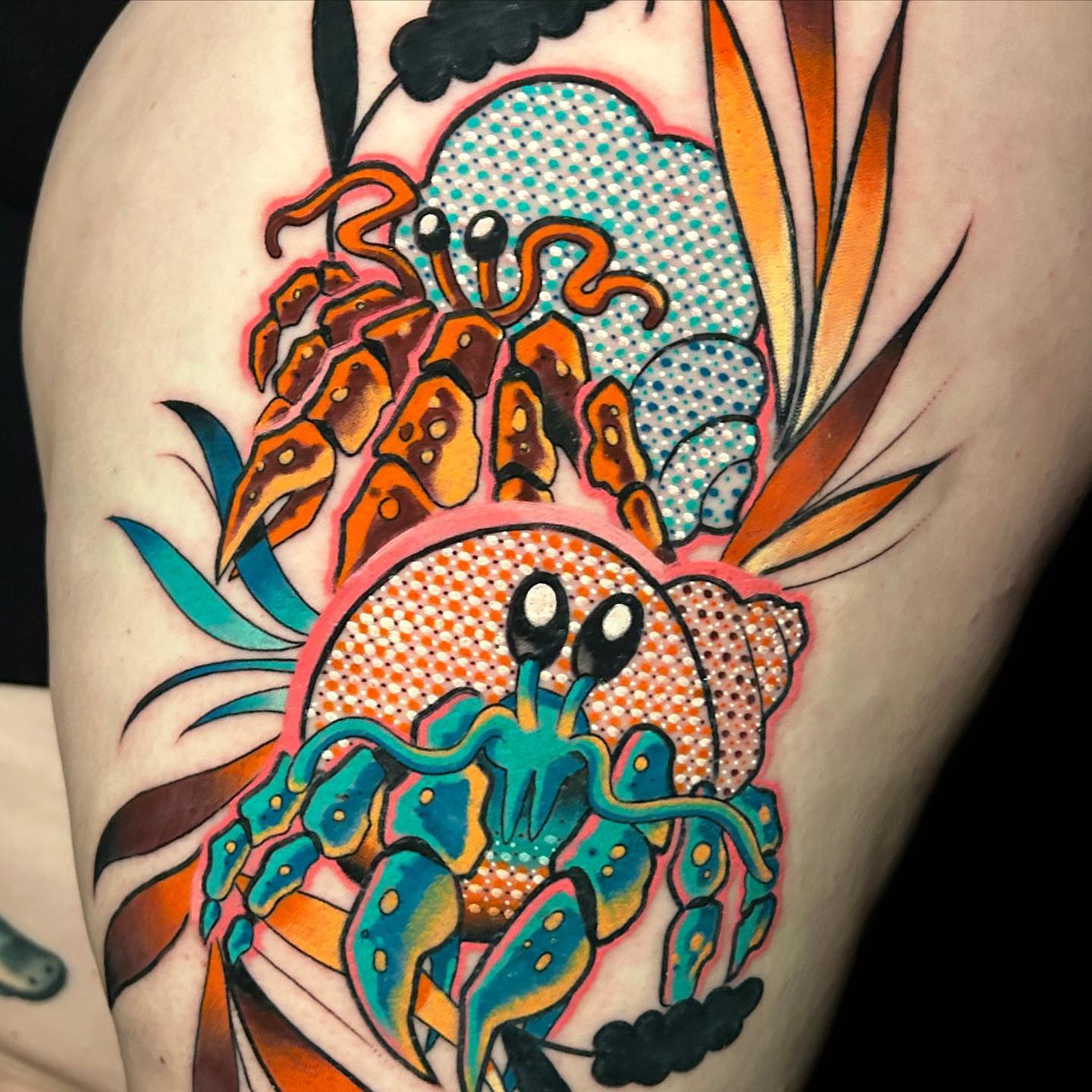 Hermit crab dotwork tattoo on the thigh by Rat Girl, Dayton, Ohio