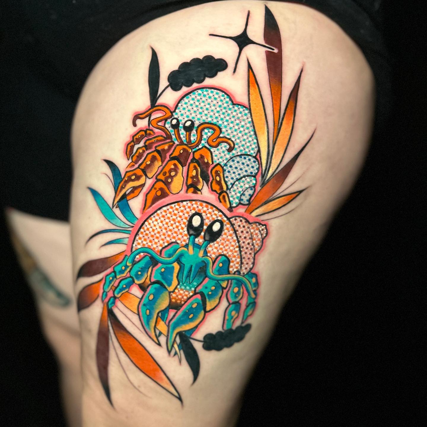 Hermit crab American traditional tattoo on the thigh by Rat Girl, Dayton, Ohio