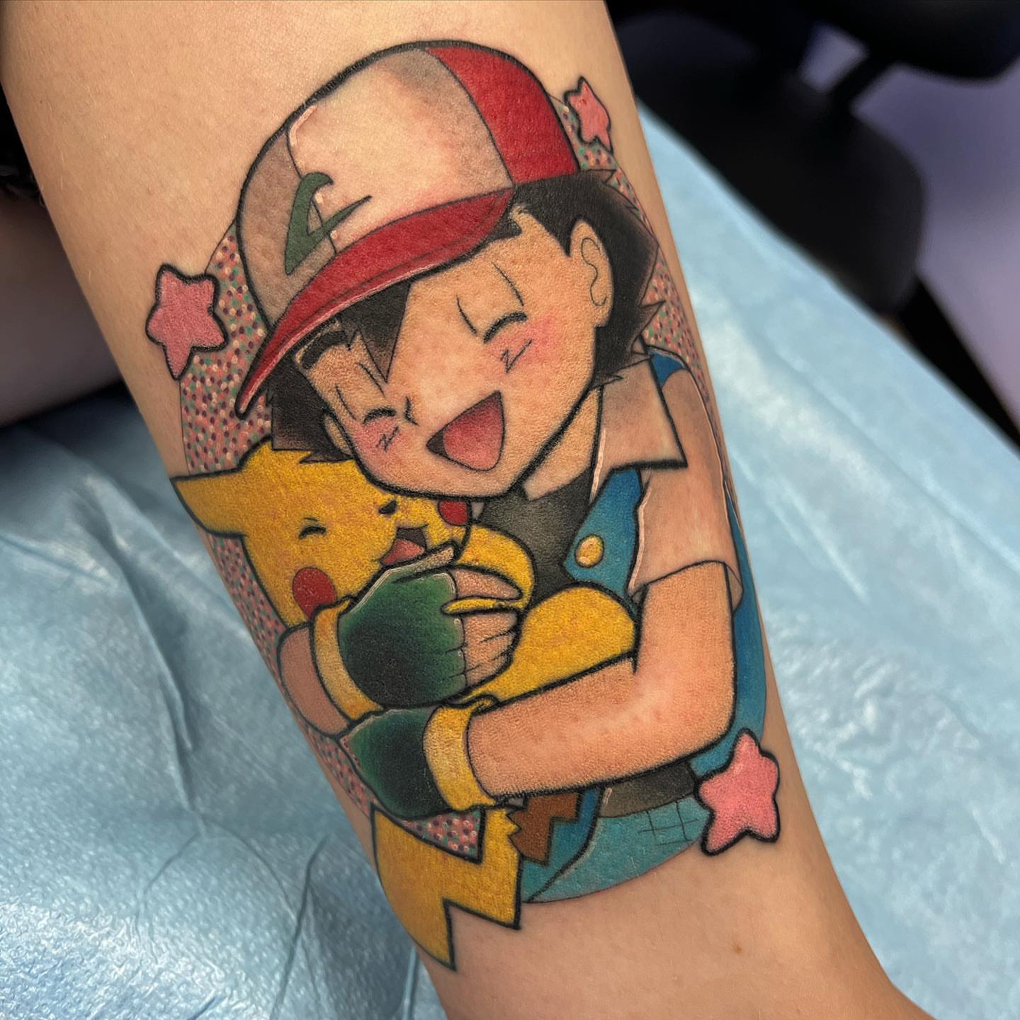 Ash and Pikachu anime tattoo on the forearm by ♡𝕄𝕒𝕜𝕒𝕪𝕝𝕒♡, Colorado Springs, Colorado