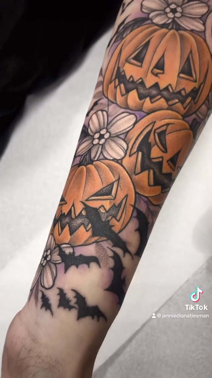 Halloween scene with pumpkins and bats neo-traditional tattoo by 𝔍𝔢𝔫𝔫𝔦𝔢 𝔗𝔦𝔢𝔰𝔪𝔞𝔫