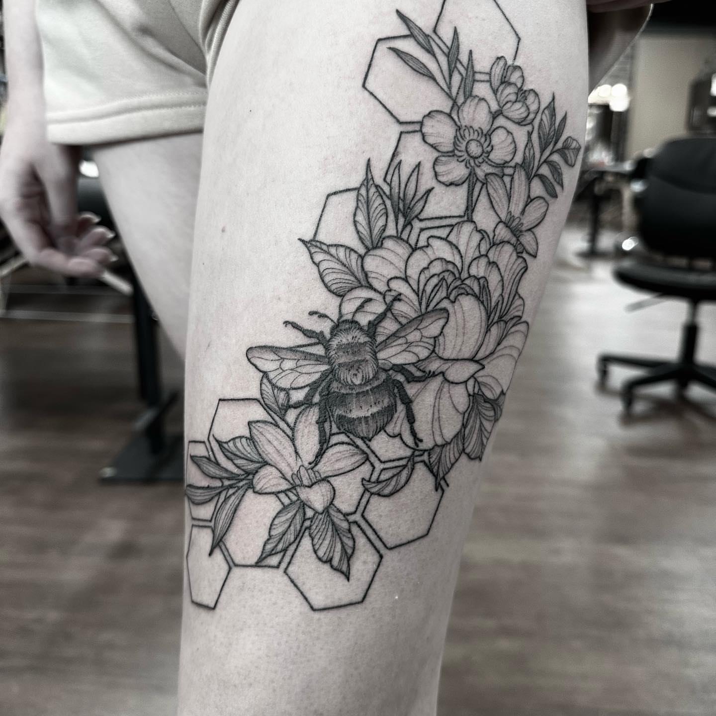 Tattoo by @kmarsdentattoos — black_and_grey, geometric