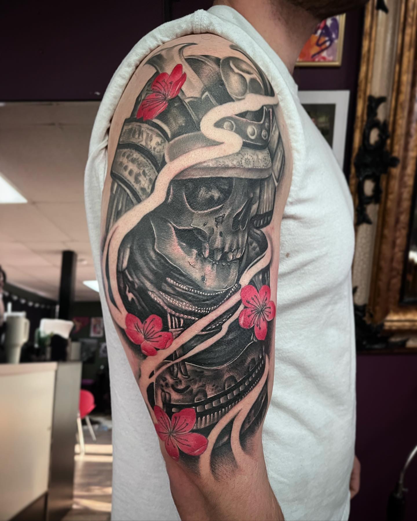 Samurai skull realism tattoo on the upper arm by Waylen Foster