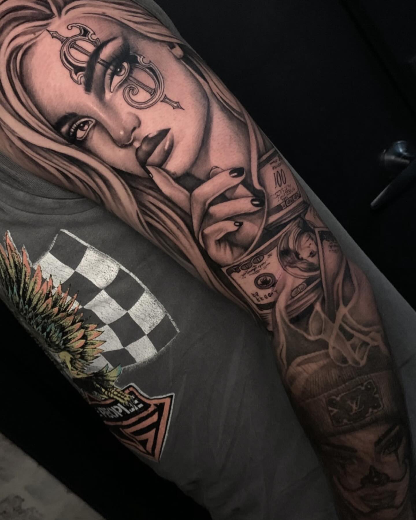 Woman with money black and grey tattoo on the forearm by 𝒲𝒾𝓃𝑜𝓃𝒶