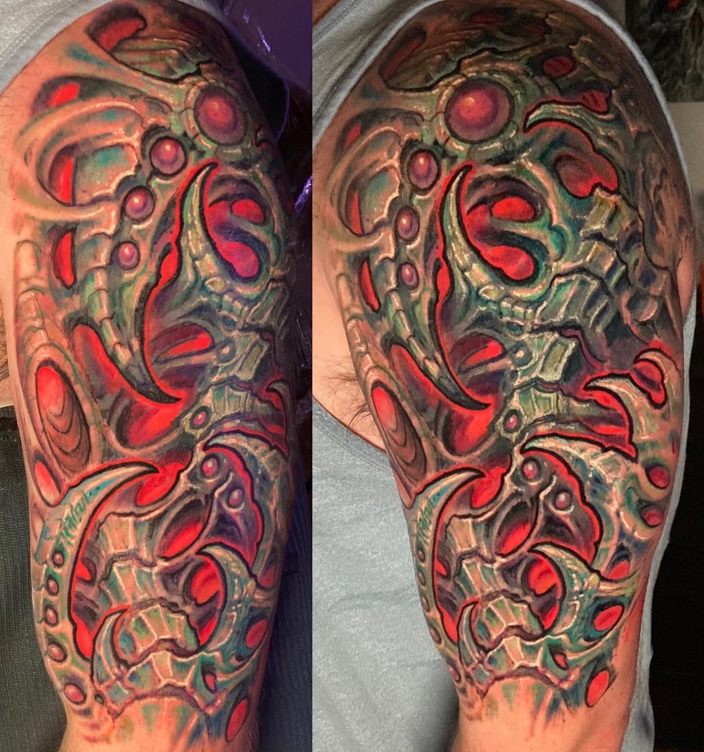 Biomechanical design geometric tattoo on the forearm by Jason Wheelwright