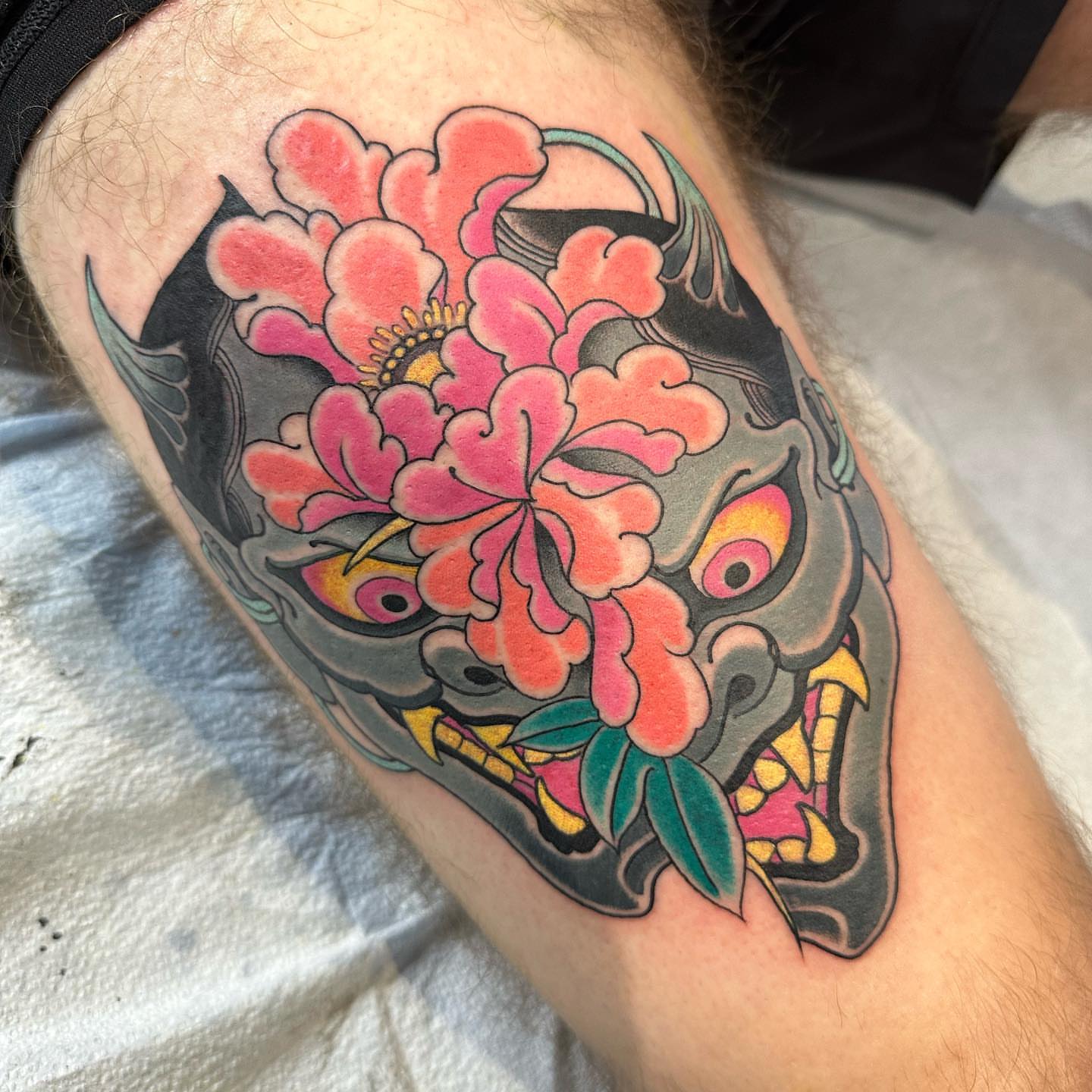 Peony flower japanese irezumi tattoo on the thigh by Tony Medellin 7X9X