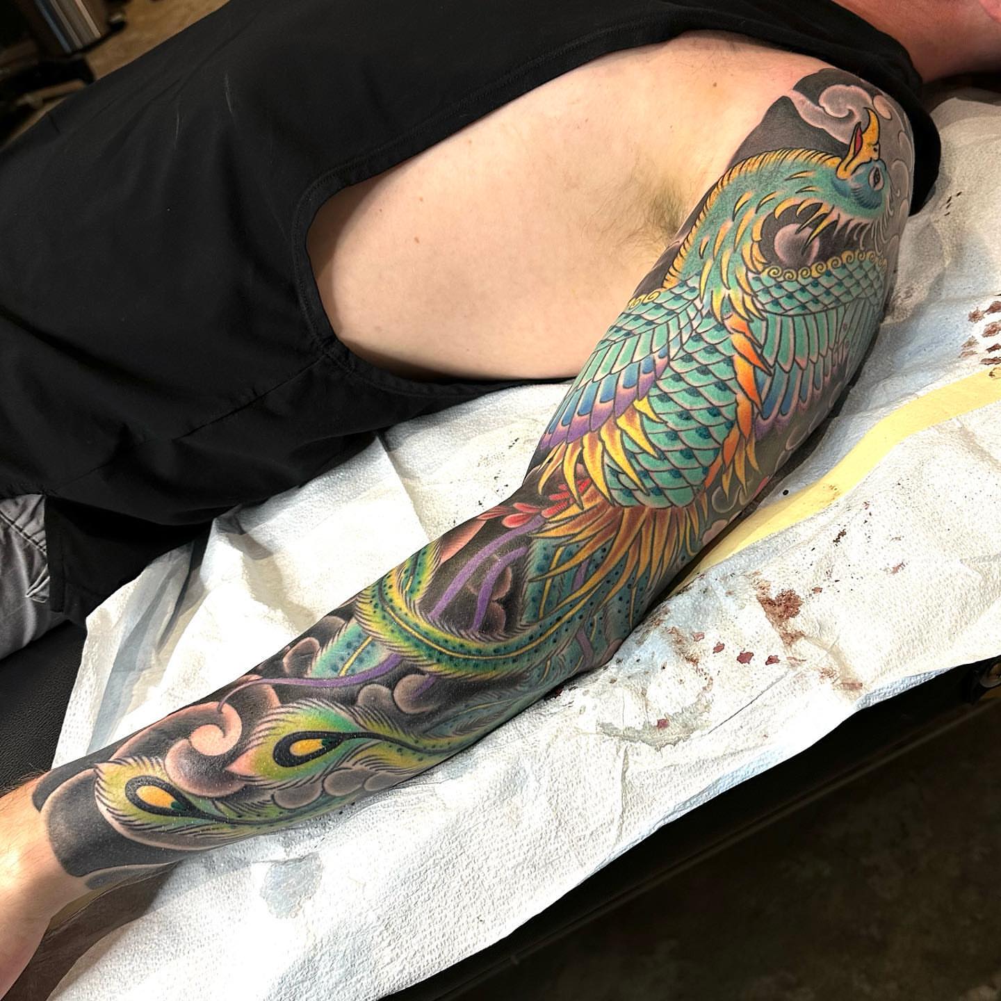 Peacock japanese irezumi tattoo on the forearm by Tony Medellin 7X9X