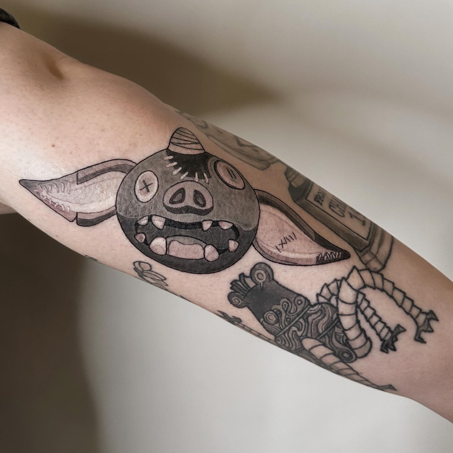 Pig black and grey tattoo on the forearm by ๐ฌ๐๐๐๐๐๐ ๐ฟ๐๐๐๐๐๐, Dickson, Tennessee