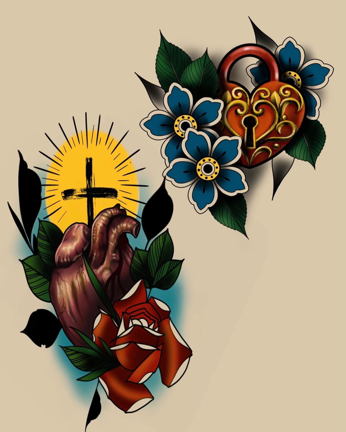 Heart and flowers American traditional tattoo by Tattoos by Dave