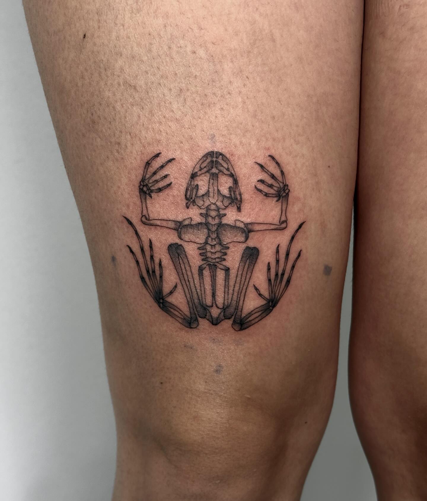 Frog skeleton black and grey tattoo on the thigh by ✮ Monarch Tattoos ✮
