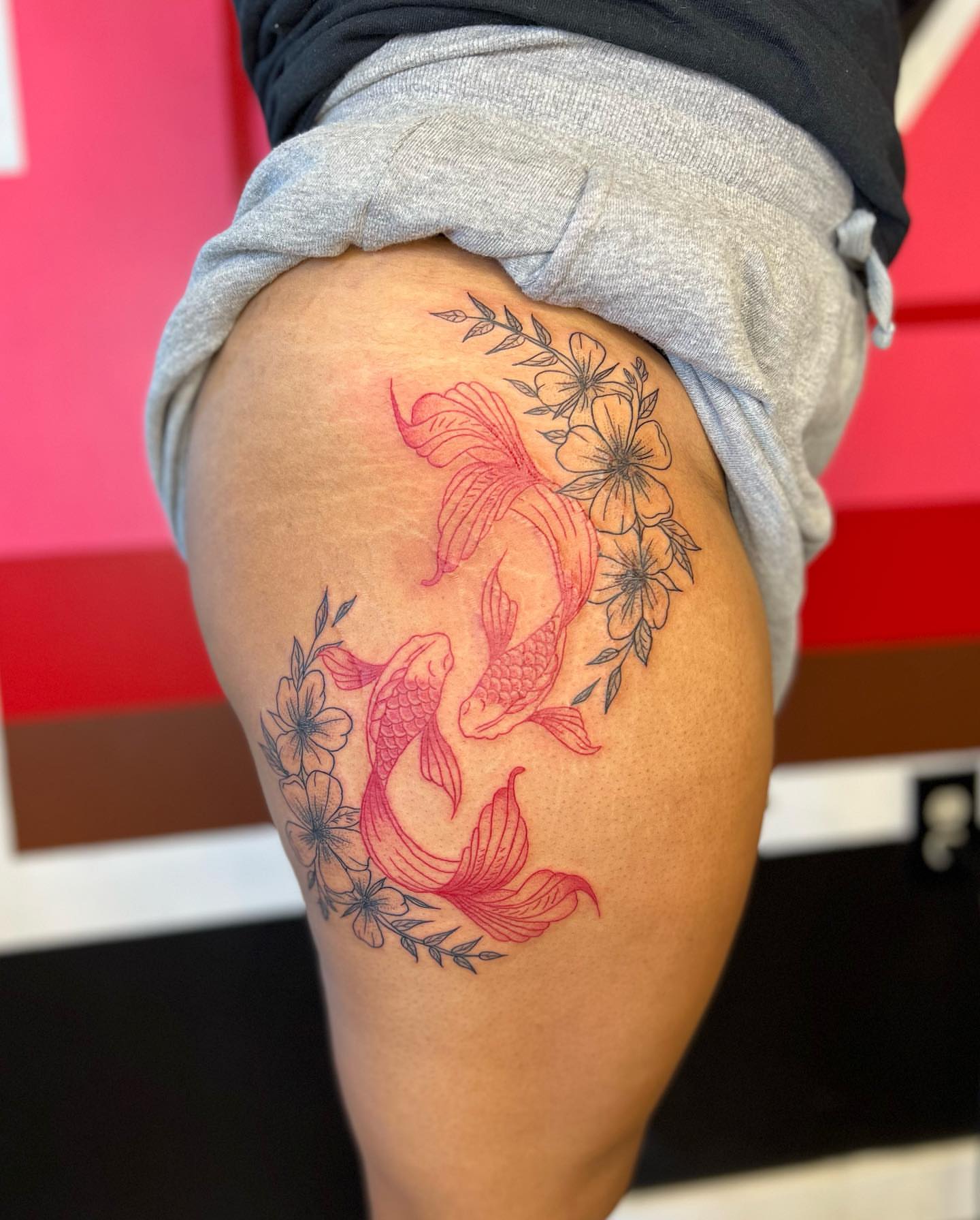 Koi fish and flowers japanese irezumi tattoo on the thigh by ✨BADJASS the tattoo artist✨