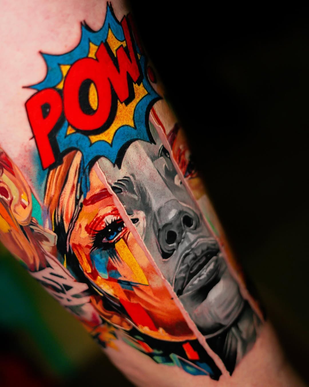 Comic book style portrait surrealism tattoo on the forearm by Israel De Jesus Legonier Aguliera