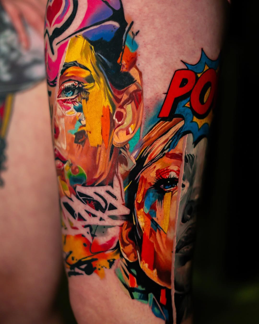 Abstract portrait with comic book elements surrealism tattoo on the forearm by Israel De Jesus Legonier Aguliera