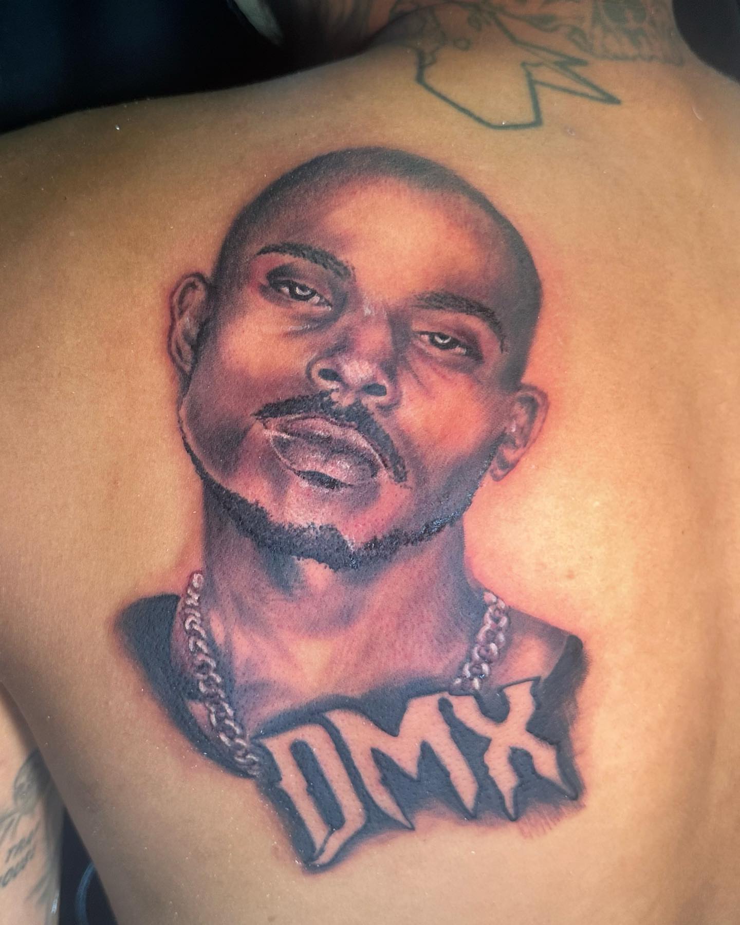 DMX portrait realism tattoo on the back by Darius Armour (Tattoo Artist)