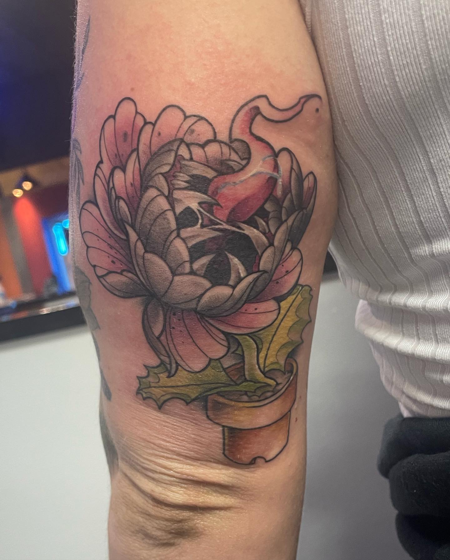 Chrysanthemum American traditional tattoo on the forearm by Robin Wintringham