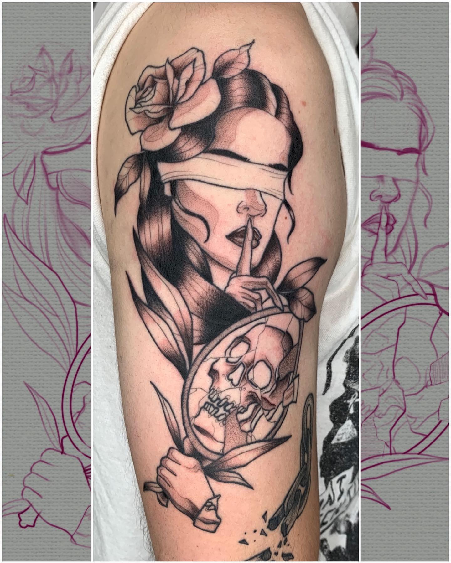 Woman with roses realism tattoo on the forearm by Mike G.