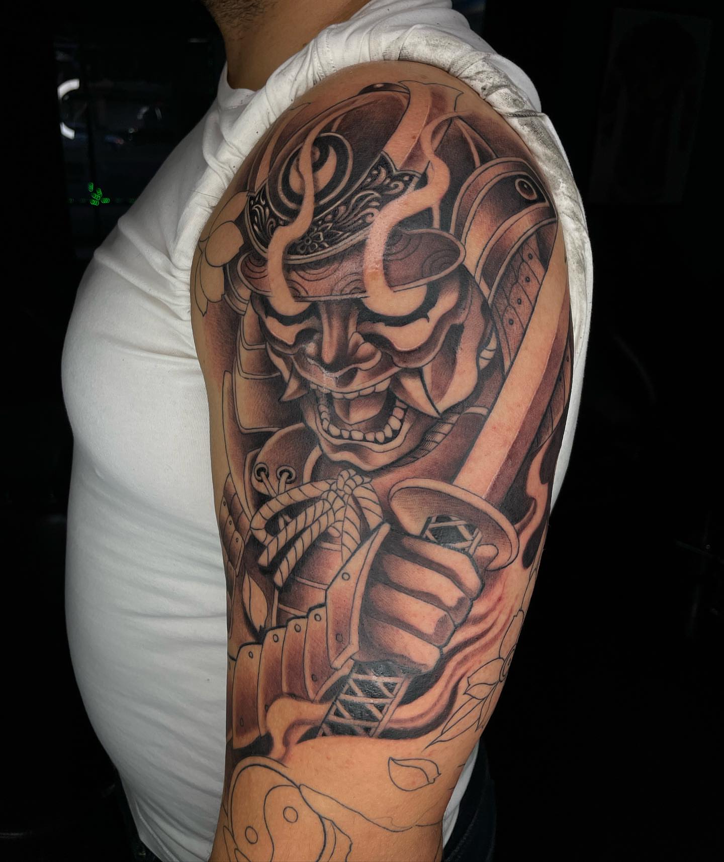 Samurai warrior japanese irezumi tattoo on the upper arm by Tam Nguyen