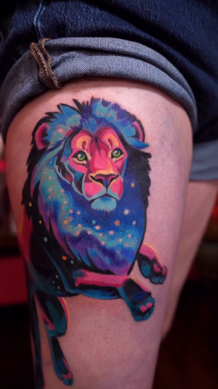 Lion with starry background neo-traditional tattoo by Sienna Coppa