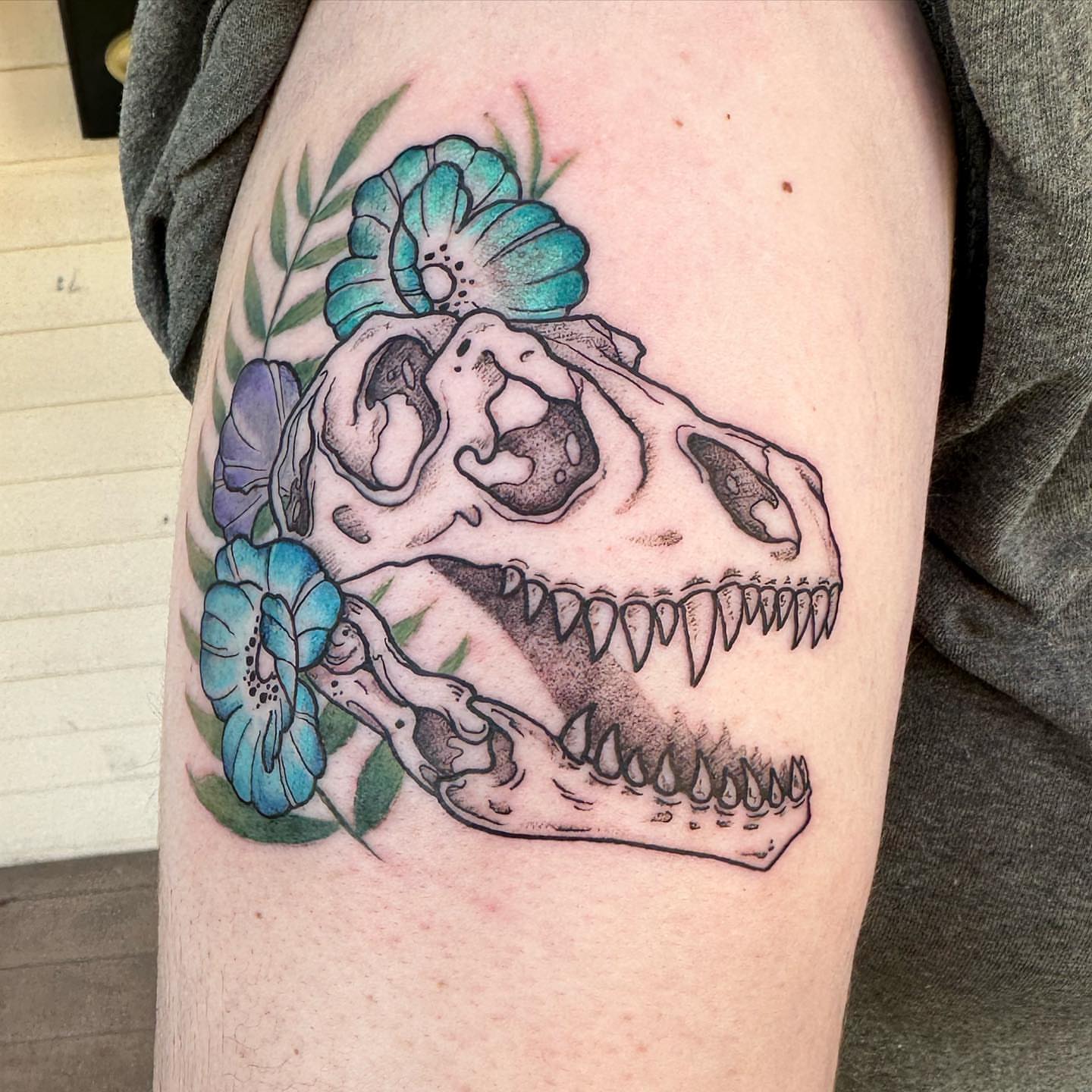 Skull with flowers dotwork tattoo on the thigh by manda, Lebanon, Ohio