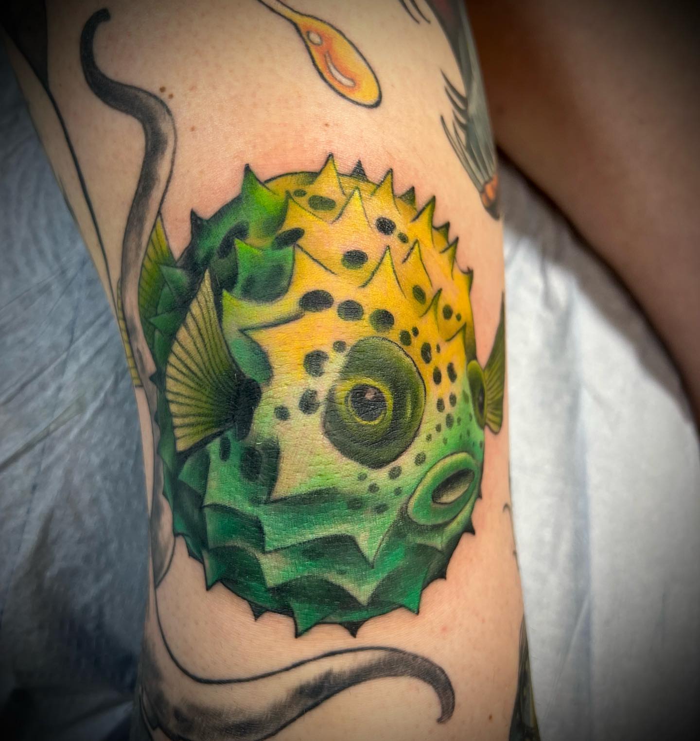 Puffer fish dotwork tattoo on the forearm by Dustin Hysell