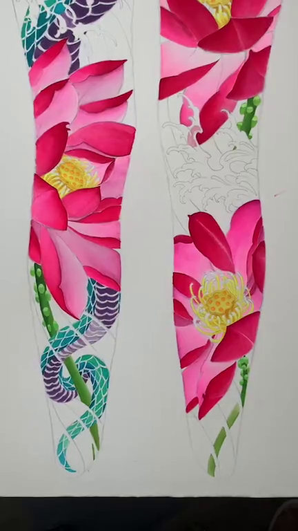 Lotus flowers and waves japanese irezumi tattoo by Jason L.