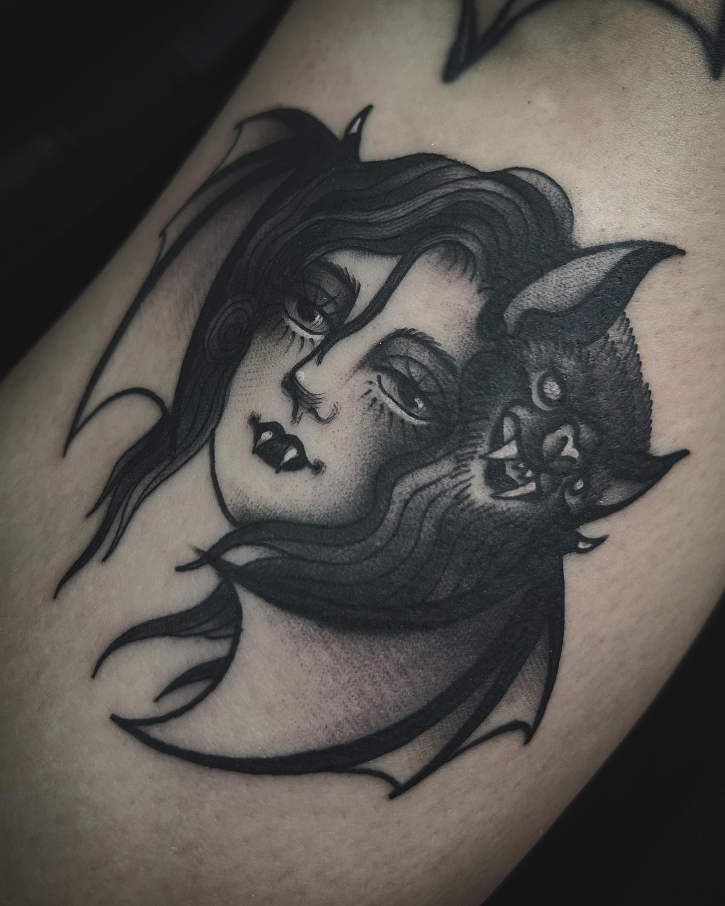 Woman and bat realism tattoo on the forearm by Samantha C, Bremerton, Washington