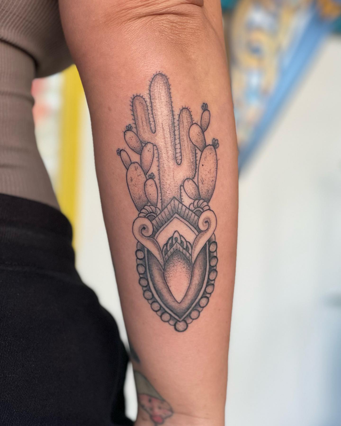 Cactus and ornamental design dotwork tattoo on the forearm by ✤ Ornamental Tattoo Artist ✤
