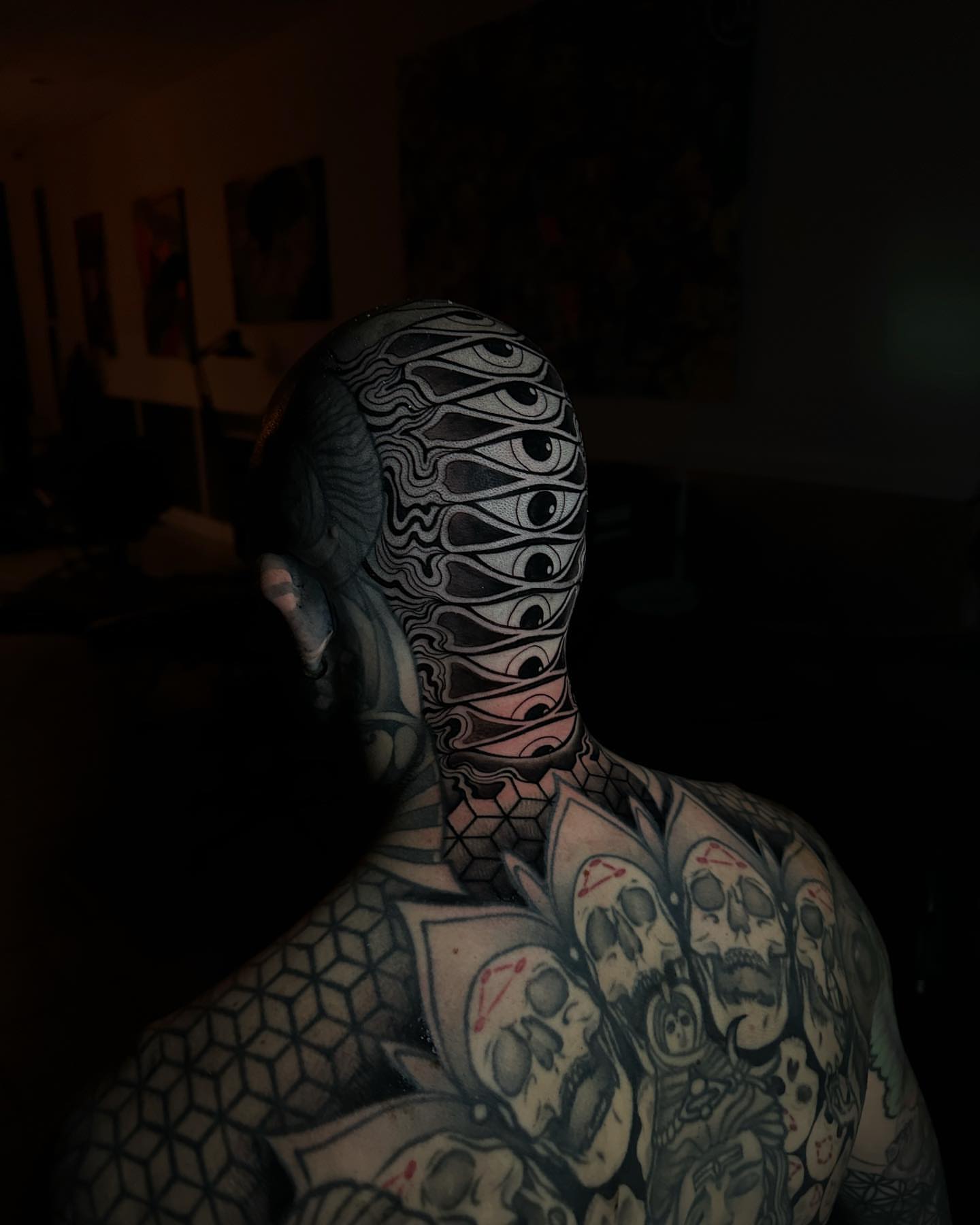 Abstract eyes geometric tattoo on the head by Ryan K Severe