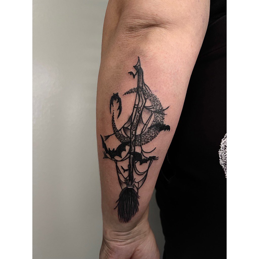 Witch broom dotwork tattoo on the forearm by Jelly
