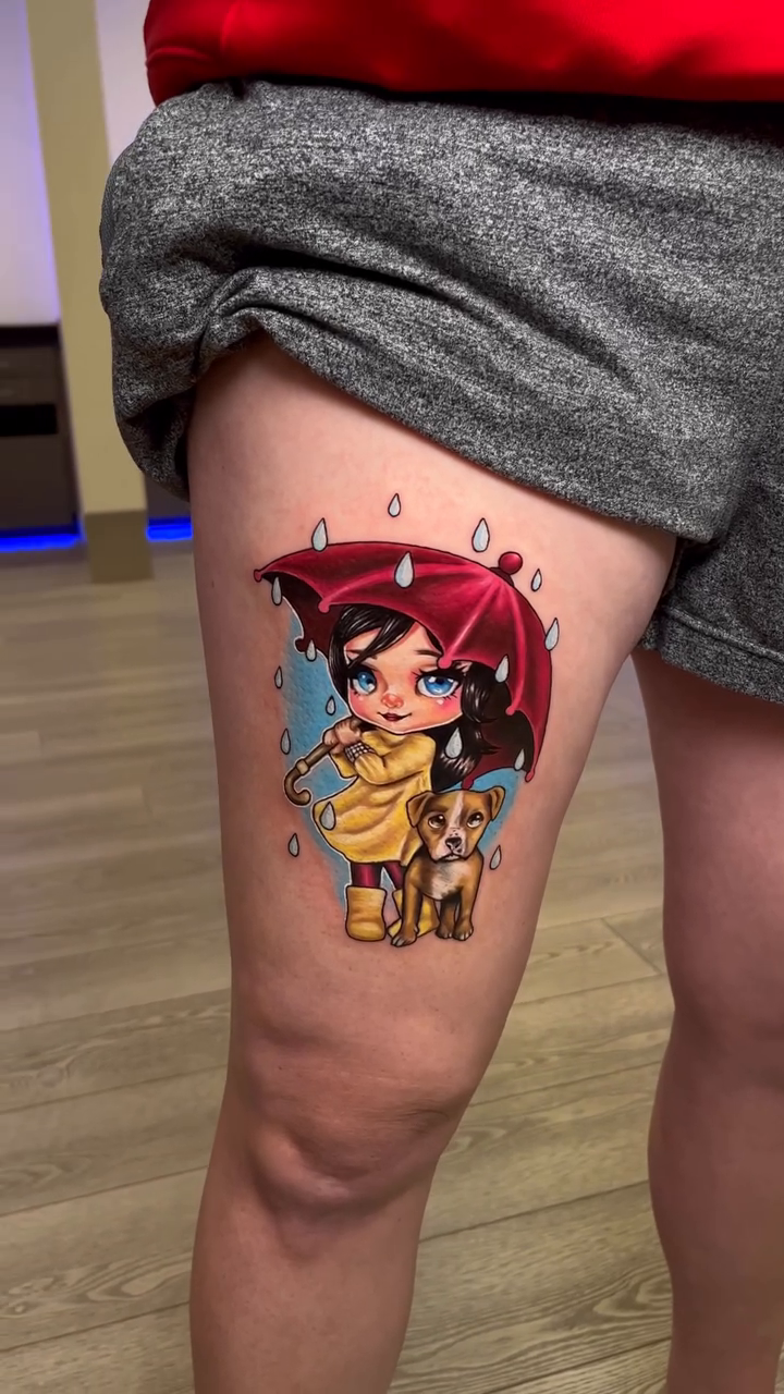 Girl with umbrella and dog anime tattoo by Keebs