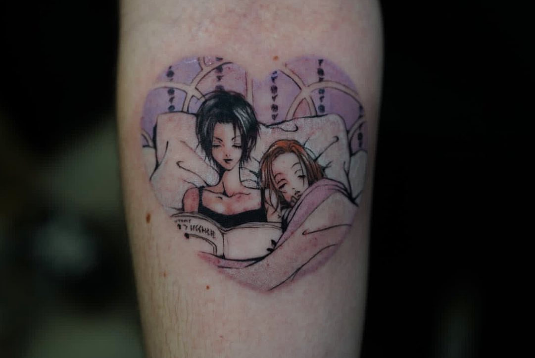 Couple in bed anime tattoo on the forearm by ππ§π