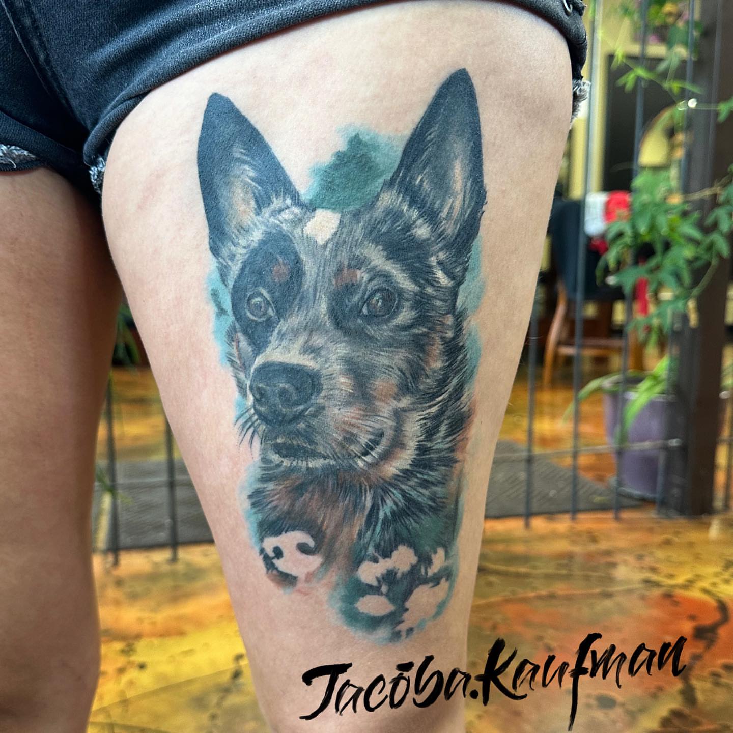 Dog portrait realism tattoo on the thigh by Jacoba Kaufman