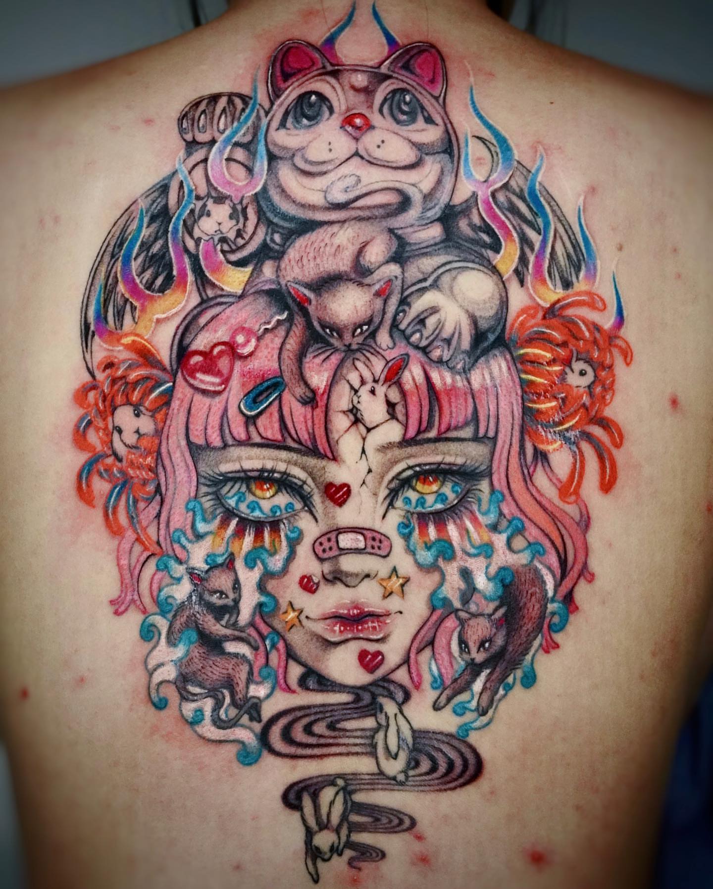 Cat and woman new school tattoo on the back by 吳盈慧, Los Angeles, California