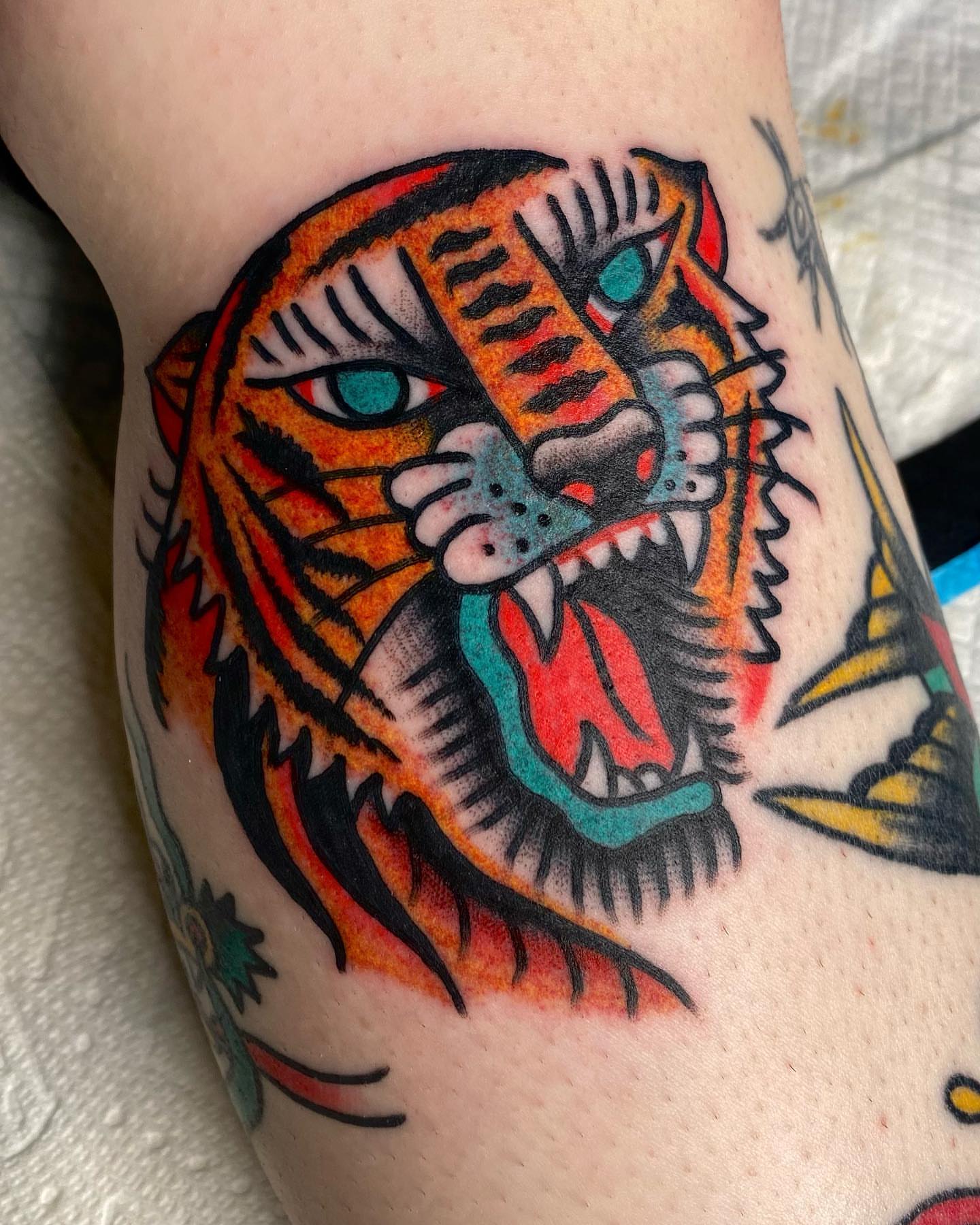 Tiger American traditional tattoo on the forearm by Dorian Grey Baker