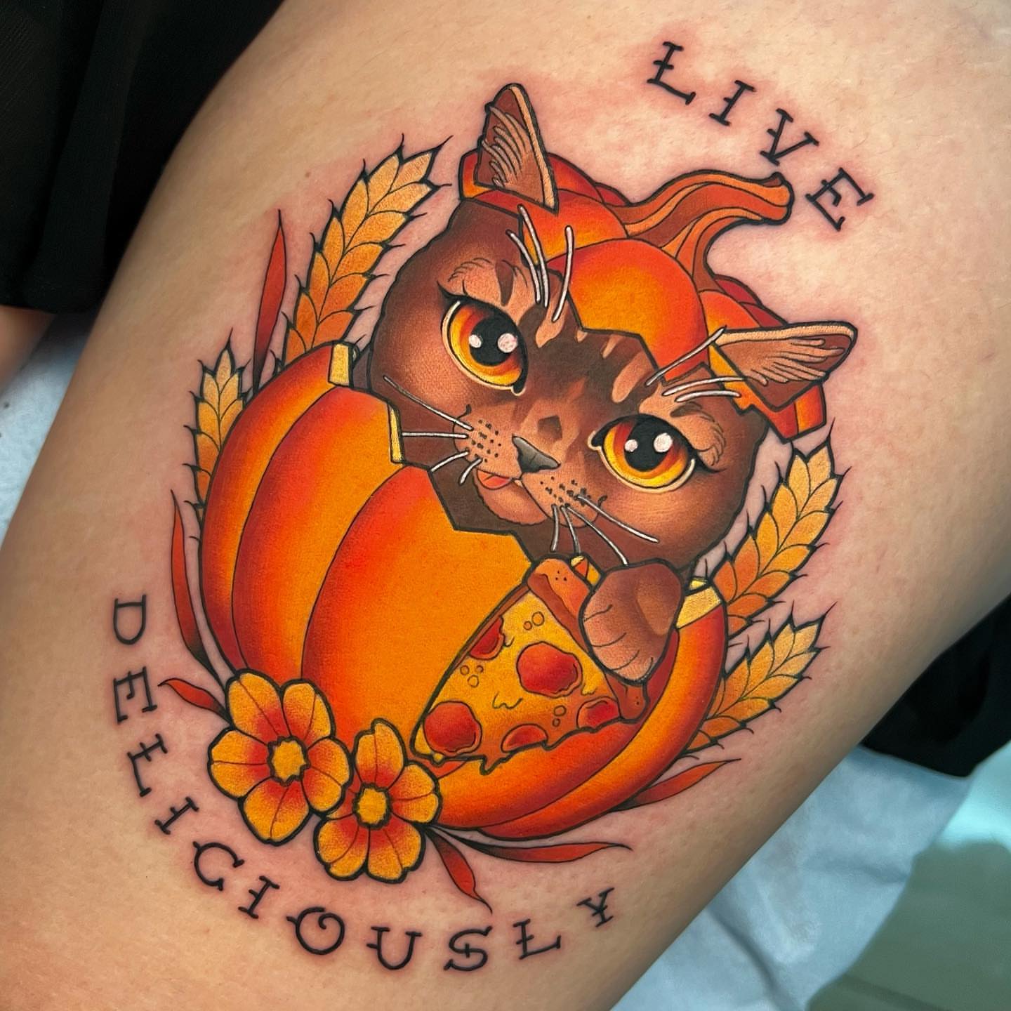 Cat with pizza American traditional tattoo on the thigh by Shelby Ouellette