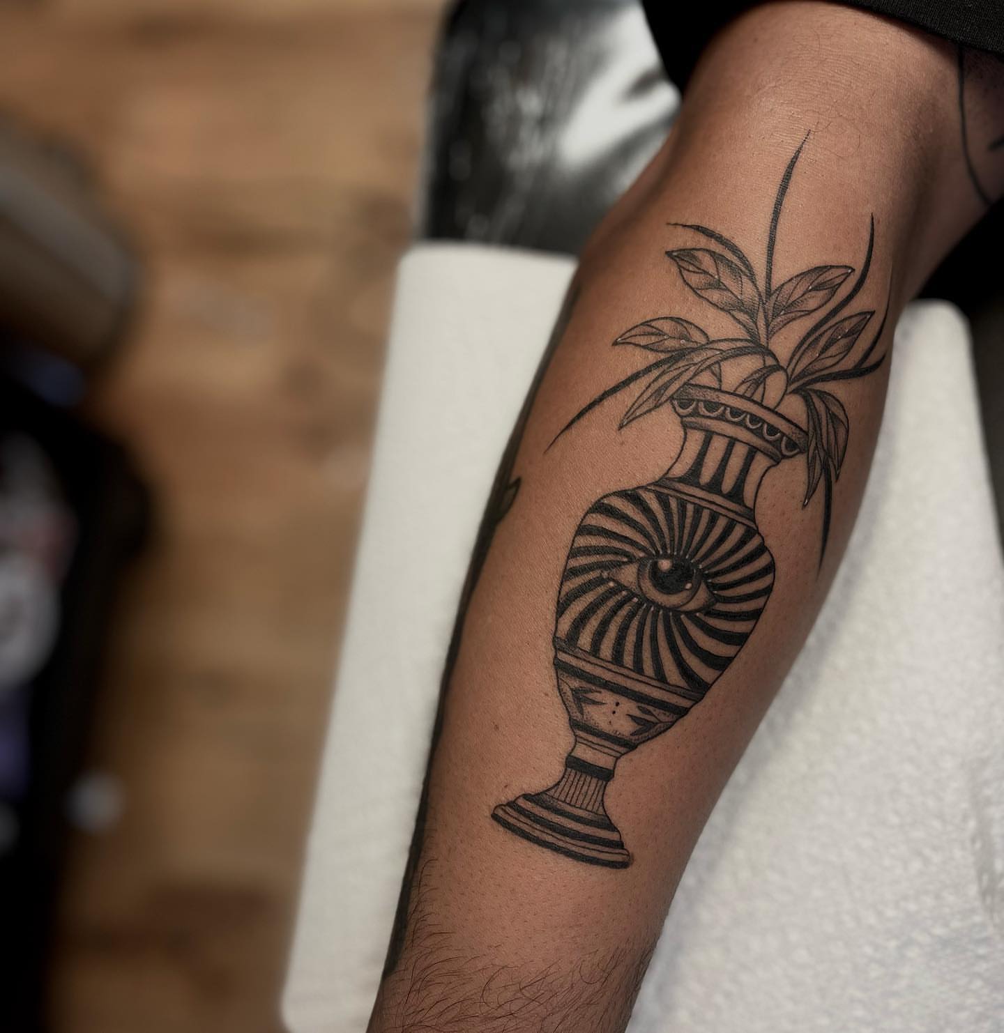 Shell vase with plant black and grey tattoo on the forearm by ᥴꫝꪶꪮꫀ 𝘬ꪶꫀ𝓲ꪀ ❤️‍🔥, Denver, Colorado