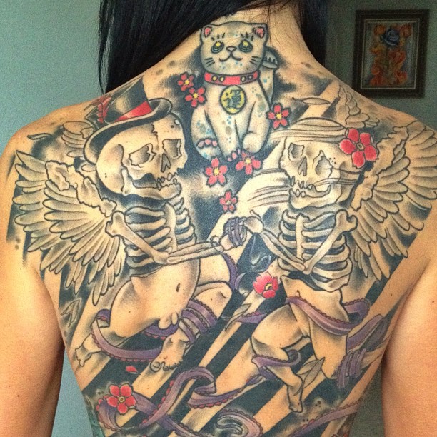 Skeletons and cat American traditional tattoo on the back by Derek Hutchison, Des Moines, Iowa
