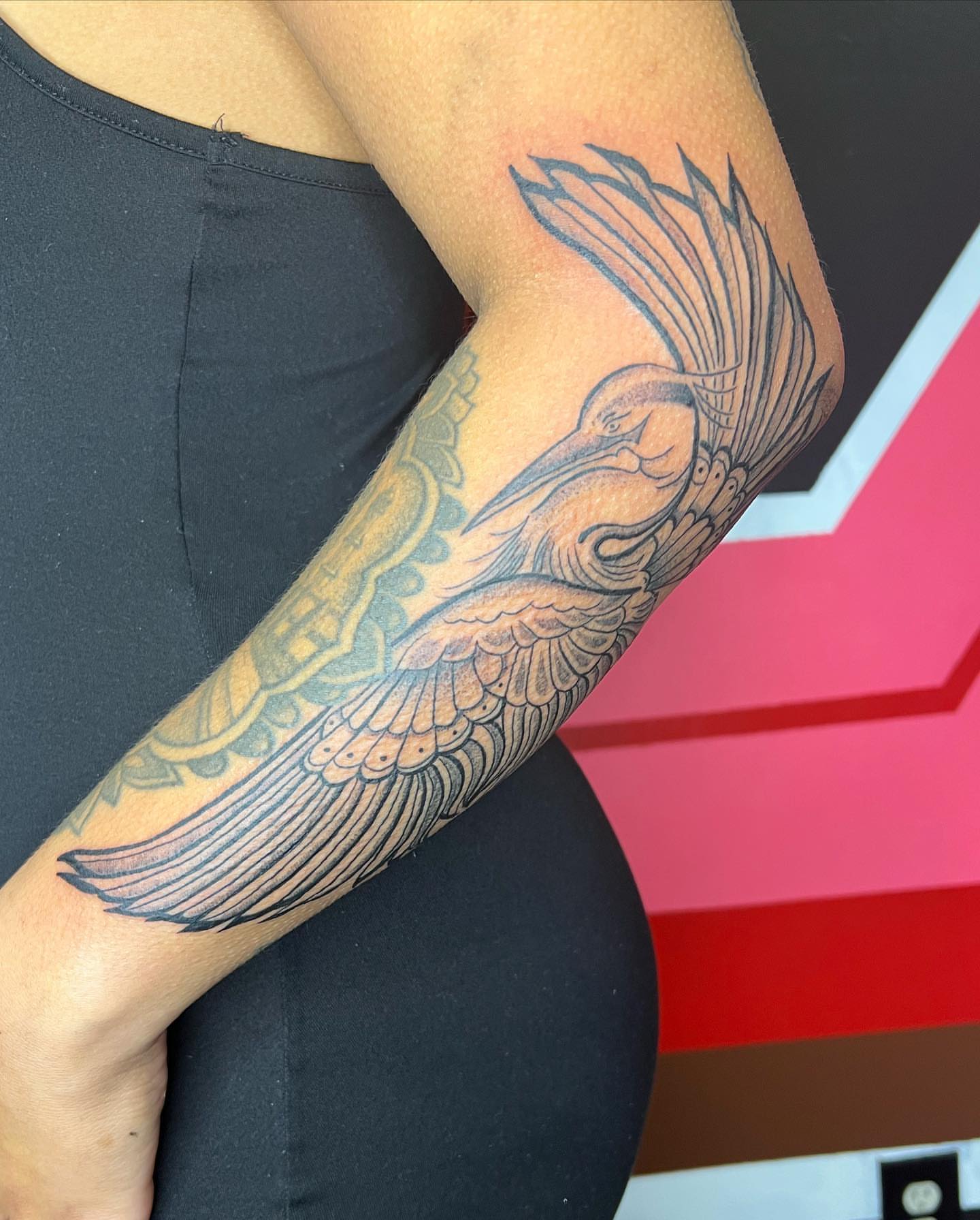 Heron black and grey tattoo on the forearm by ✨BADJASS the tattoo artist✨