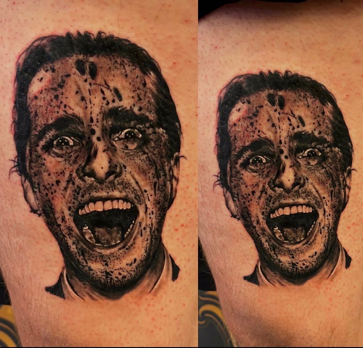 Man's face dotwork tattoo on the upper arm by Tattoosbybeanz